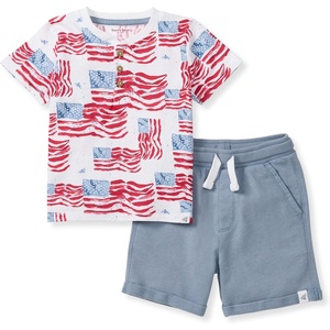 Burt’s Bees Baby Boys Shirt and Pant Set, Top & Shorts Outfit Bundle, 100% Organic Cotton(Majestic Flags)