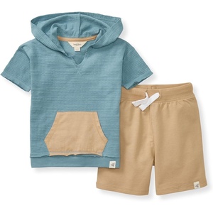 Burt’s Bees Baby Boys Shirt and Pant Set, Top & Shorts Outfit Bundle, 100% Organic Cotton(Smoke Blue)