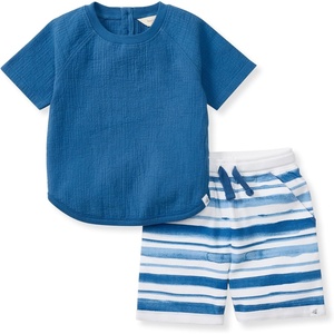 Burt’s Bees Baby Boys Shirt and Pant Set, Top & Shorts Outfit Bundle, 100% Organic Cotton(Watercolor Stripes)