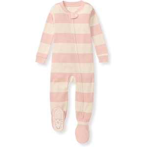 Burt’s Bees Baby Girls Sleeper Pajamas, 100% Organic Cotton, One-piece PJs, Diagonal Zip Up Jumpsuit, Snug Fit Footie(Pink Sand Rugby Stripe)