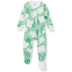 Burt’s Bees Baby Organic Cotton Footed Pajamas for Boys, Zipper PJ Sleeper, Snug Fit Sleepwear with Non-Slip Bee Grips(Artsy Clover)