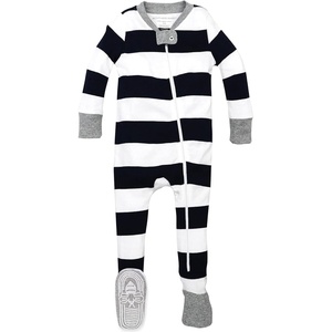 Burt’s Bees Baby Organic Cotton Footed Pajamas for Boys, Zipper PJ Sleeper, Snug Fit Sleepwear with Non-Slip Bee Grips(Midnight Rugby Stripe)