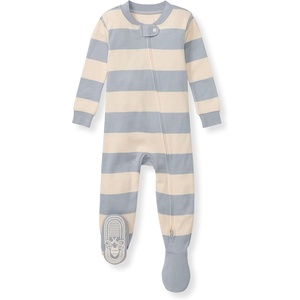 Burt’s Bees Baby Organic Cotton Footed Pajamas for Boys, Zipper PJ Sleeper, Snug Fit Sleepwear with Non-Slip Bee Grips(Quarry Blue Rugby Stripe)