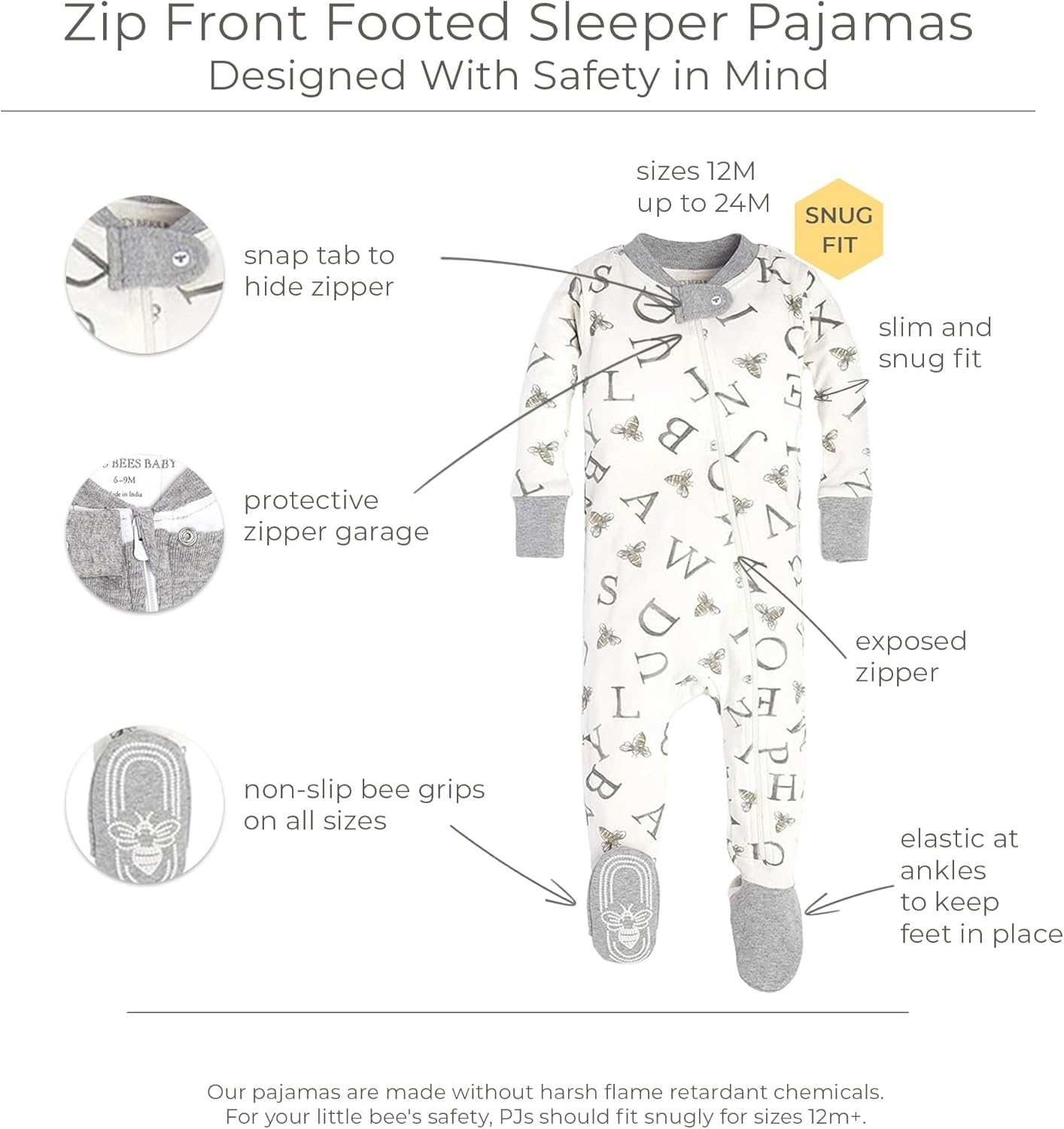 image:imageBurts Bees Baby Boys Organic Cotton Snug Fit Footed Sleeper PajamasA Bee CStripe