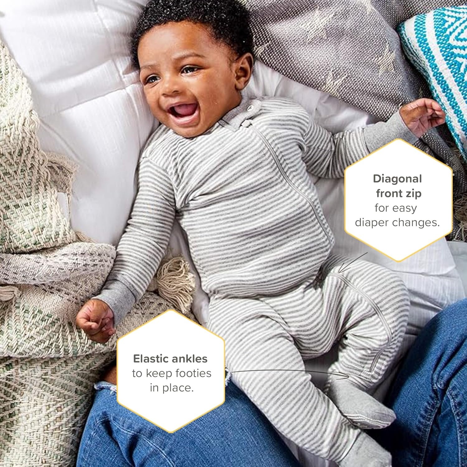 image:imageBurts Bees Baby Boys Organic Cotton Snug Fit Footed Sleeper PajamasA Bee CStripe