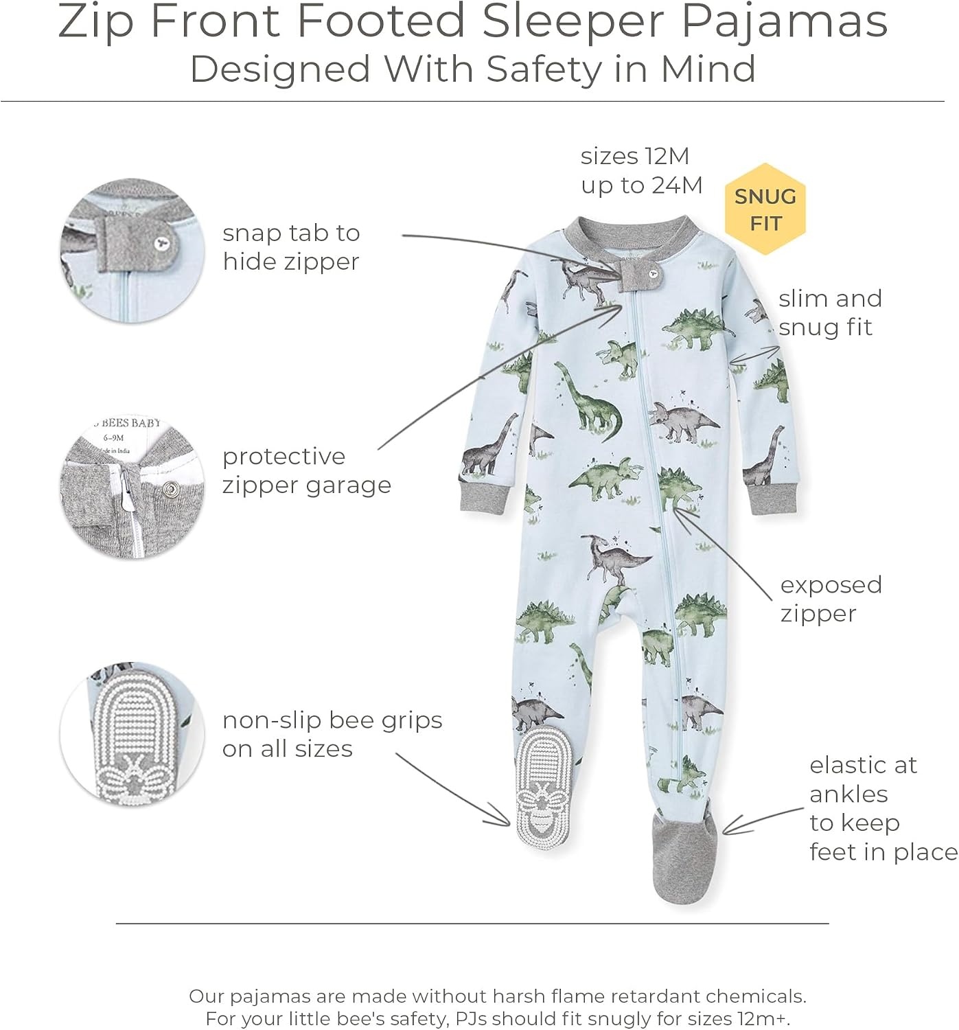 image:imageBurts Bees Baby Boys Organic Cotton Snug Fit Footed Sleeper PajamasHappy Herbivores