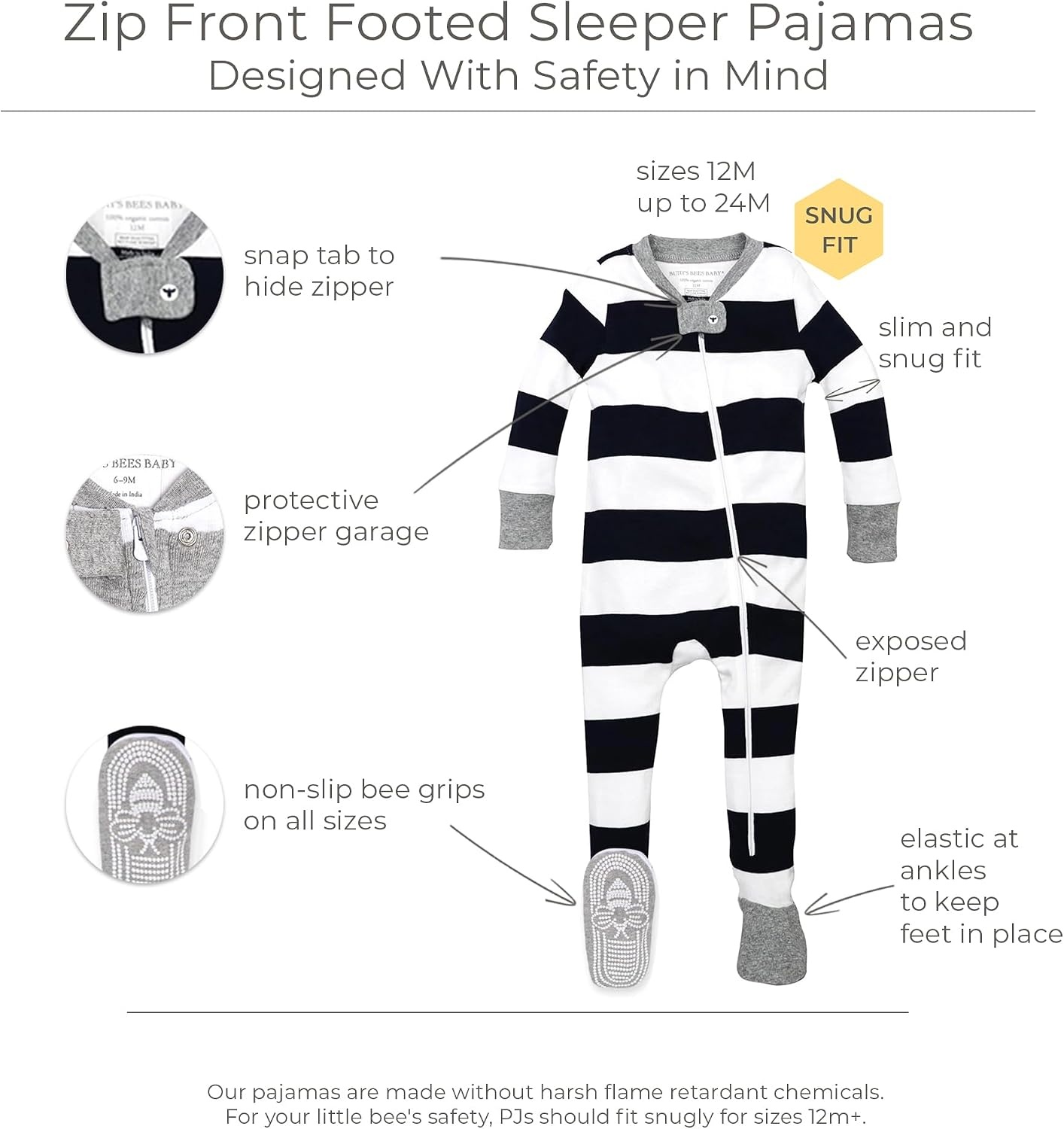 image:imageBurts Bees Baby Boys Organic Cotton Snug Fit Footed Sleeper PajamasMidnight Rugby Stripe