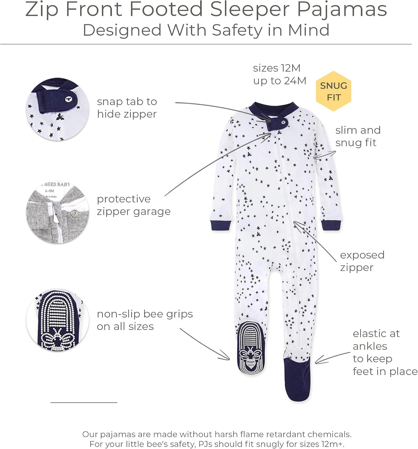 image:imageBurts Bees Baby Boys Organic Cotton Snug Fit Footed Sleeper PajamasMidnight Twinkle Bee