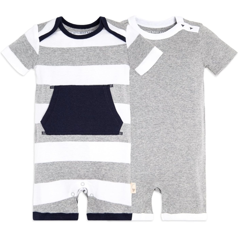 image:imageBurts Bees Baby Baby Boys Rompers 100 Organic Cotton Onepiece Coverall and Layette 2pack SetHeather Grey Pocket