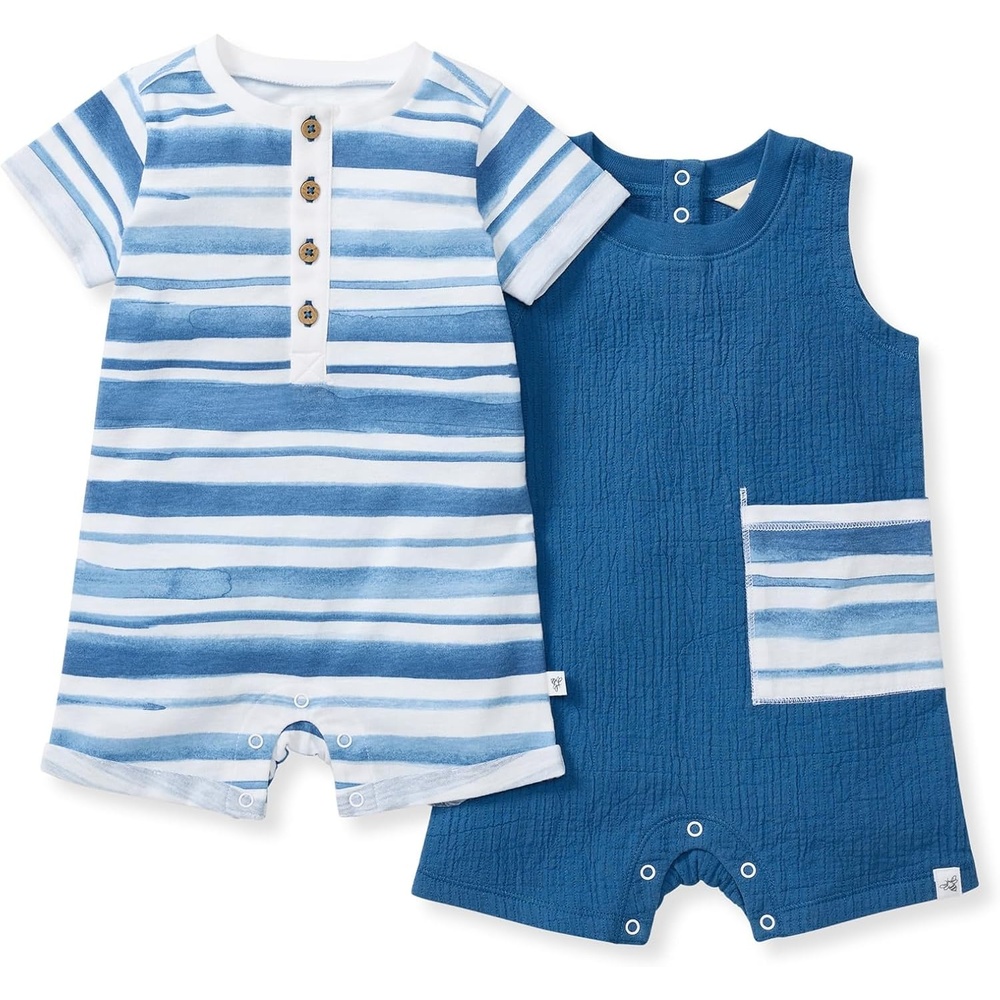 image:imageBurts Bees Baby Baby Boys Rompers 100 Organic Cotton Onepiece Coverall and Layette 2pack SetWatercolor Stripes