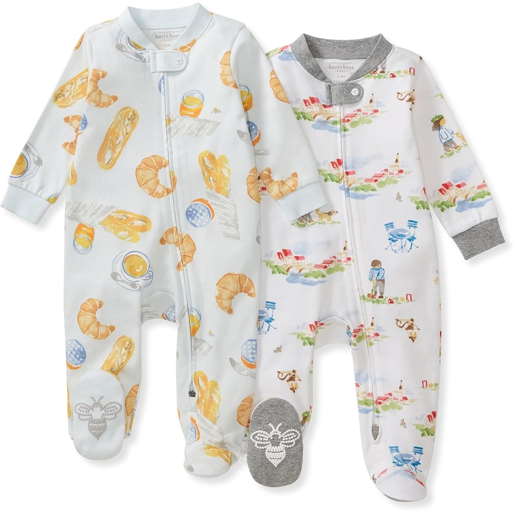 image:imageBurts Bees Baby Boys Organic Cotton Sleep and Play Footed PajamasFrench Breakfast  Village 2pack