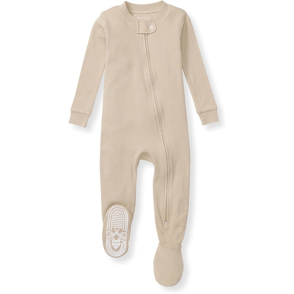 image:imageBurts Bees Baby Boys Organic Cotton Snug Fit Footed Sleeper PajamasNeutral Solid Rib