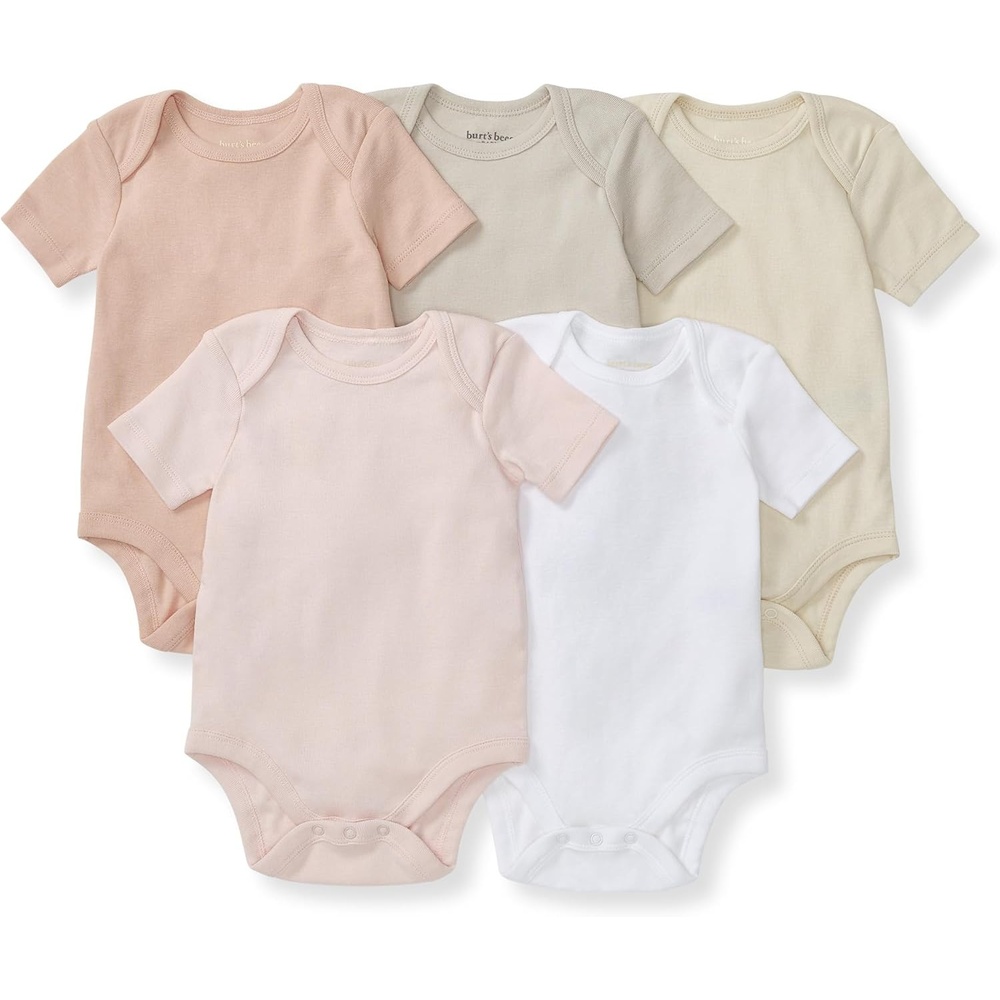 image:imageBurts Bees Baby Unisex Bodysuits Short Sleeve Organic Sleepwear 5Pack Essential baby bodysuit pack featuring an easyon and off lapshoulder neck design for stressfree daily outfittingPink Sand