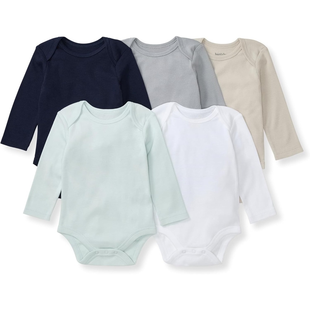 image:imageBurts Bees Baby Unisex Bodysuits Short Sleeve Organic Sleepwear 5Pack Essential baby bodysuit pack featuring an easyon and off lapshoulder neck design for stressfree daily outfittingMidnight Long Sleeve