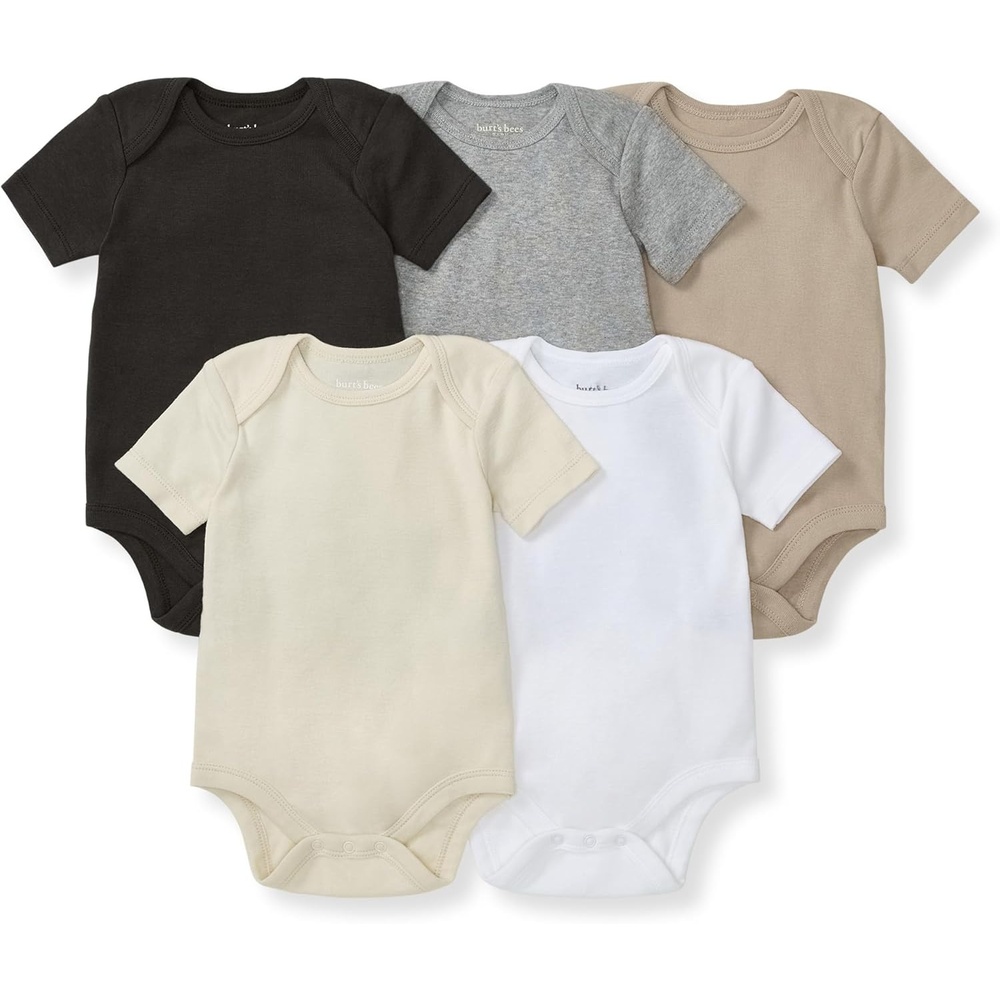image:imageBurts Bees Baby Unisex Bodysuits Short Sleeve Organic Sleepwear 5Pack Essential baby bodysuit pack featuring an easyon and off lapshoulder neck design for stressfree daily outfittingAsh
