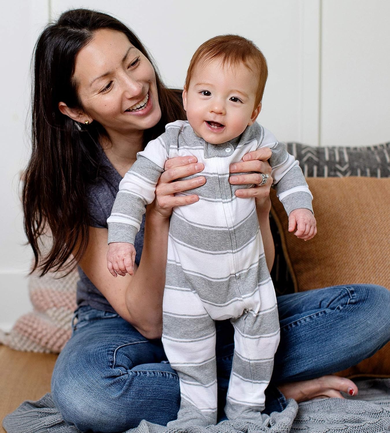 image:imageBurts Bees Baby Boys Organic Cotton Sleep and Play Footed Pajamas Easy zip front PJs feature a 2way zipper to ensure newborns have a restful nights sleepHeather Grey Stripes