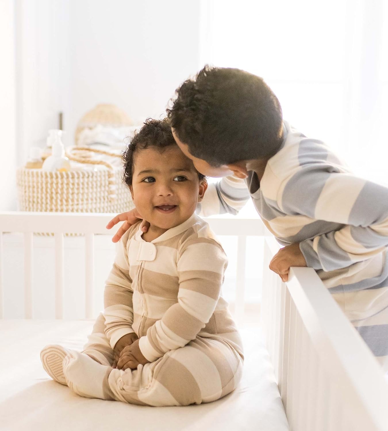 image:imageBurts Bees Baby Boys Organic Cotton Sleep and Play Footed Pajamas Easy zip front PJs feature a 2way zipper to ensure newborns have a restful nights sleepOat Rugby Stripe