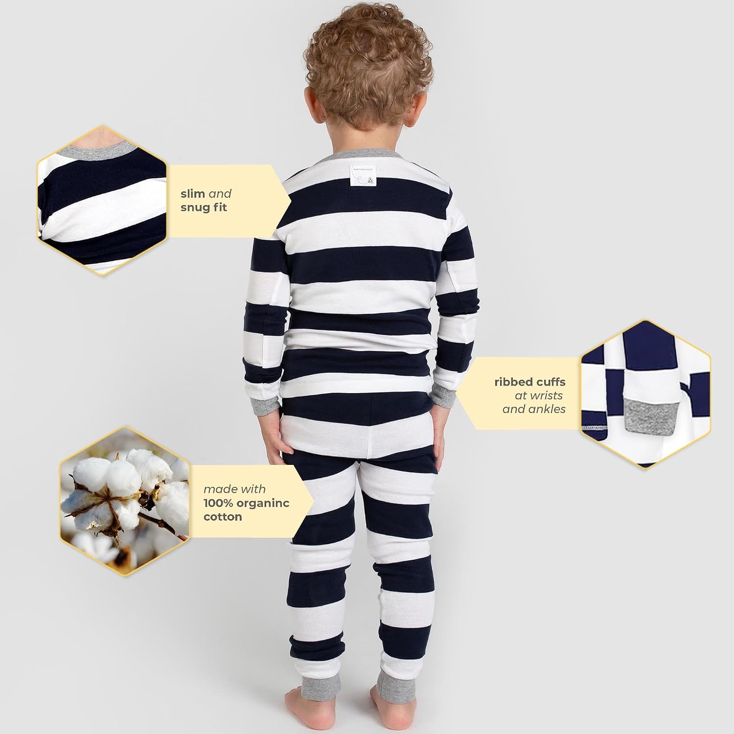 image:imageBurts Bees Baby Organic Cotton Pajamas for Boys Toddler PJ Set 2PC Soft cozy snug fitting pajamas feature stretchy ribbed cuffs and hand painted prints to make bedtime a breezeMidnight Rugby Stripe
