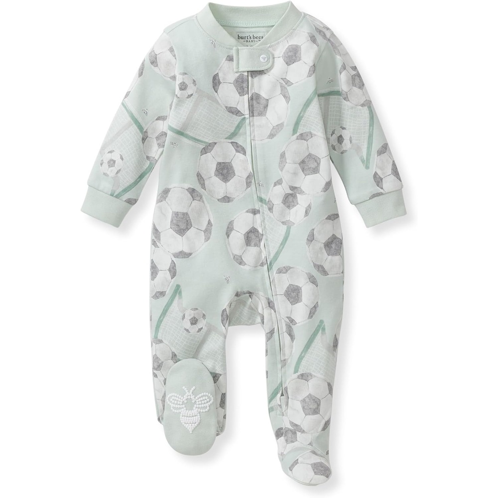 image:imageBurts Bees Baby Boys Organic Cotton Sleep and Play Footed Pajamas  Easy zip front PJs feature a 2way zipper to ensure newborns have a restful nights sleepSoccer Goal