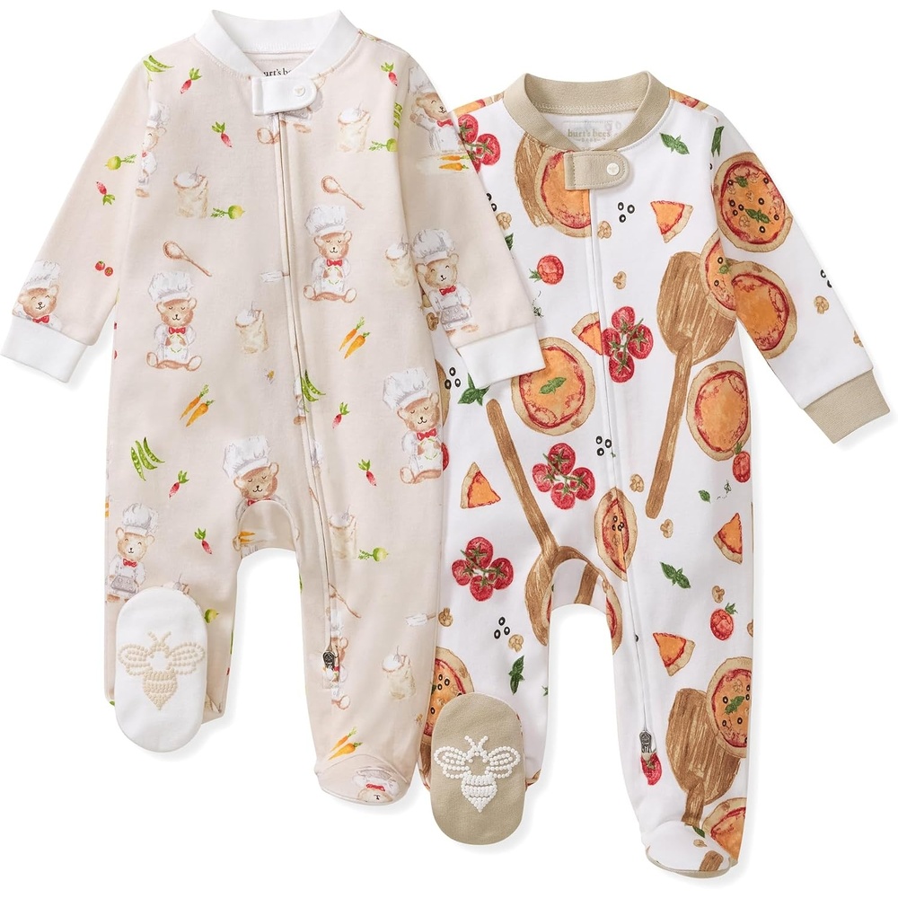 image:imageBurts Bees Baby Boys Organic Cotton Sleep and Play Footed Pajamas  Easy zip front PJs feature a 2way zipper to ensure newborns have a restful nights sleepChef Bears  Pizza 2pack
