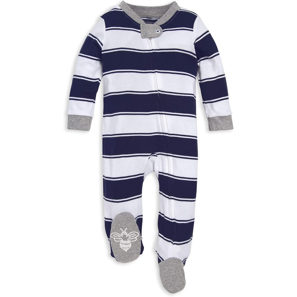 image:imageBurts Bees Baby Boys Organic Cotton Sleep and Play Footed Pajamas  Easy zip front PJs feature a 2way zipper to ensure newborns have a restful nights sleepNavy Rugby Stripe