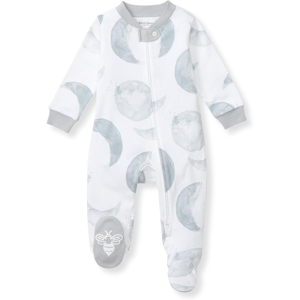 image:imageBurts Bees Baby Boys Organic Cotton Sleep and Play Footed Pajamas  Easy zip front PJs feature a 2way zipper to ensure newborns have a restful nights sleepHello Moon Light Blue