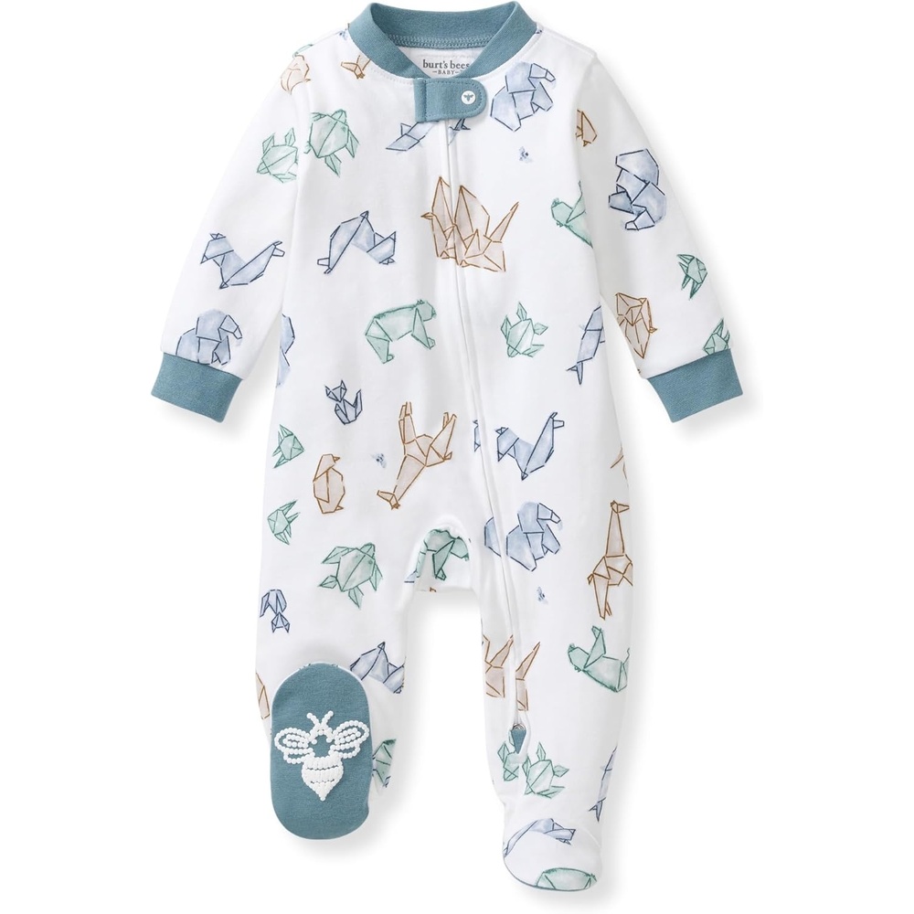 image:imageBurts Bees Baby Boys Organic Cotton Sleep and Play Footed Pajamas Easy zip front PJs feature a 2way zipper to ensure newborns have a restful nights sleepOrigami Animals