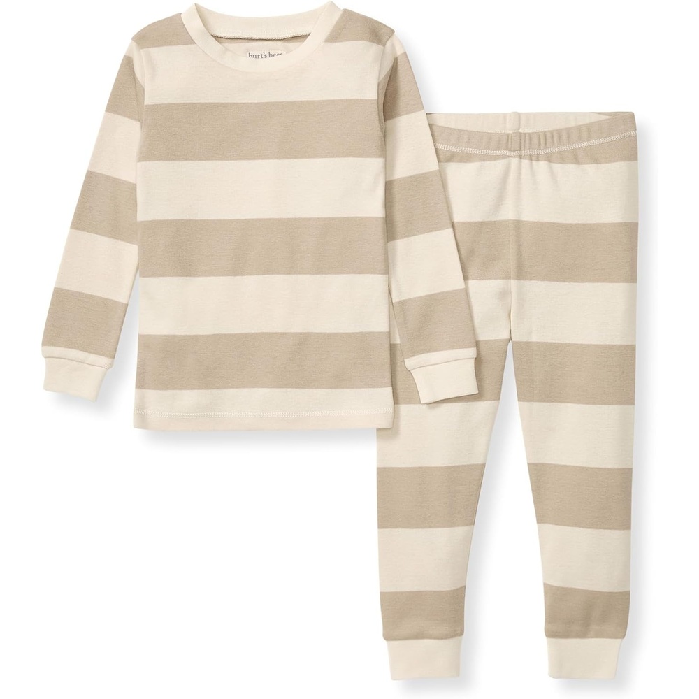 image:imageBurts Bees Baby Organic Cotton Pajamas for Boys Toddler PJ Set 2PC Soft cozy snug fitting pajamas feature stretchy ribbed cuffs and hand painted prints to make bedtime a breezeOat Rugby Stripe