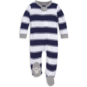 Burt’s Bees Baby Boys’ Organic Cotton, Sleep and Play Footed Pajamas | Easy zip front PJs feature a 2-way zipper to ensure newborns have a restful nights sleep(Navy Rugby Stripe)