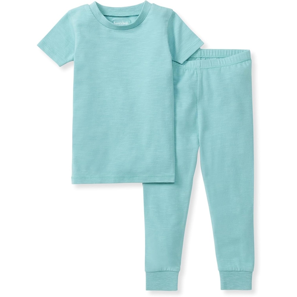 image:imageBurts Bees Baby Unisex Honeysoft 2PC Pajamas Jersey Slub Short Sleeve Tee and Pant Pj Set Organic Cotton amp Lyocell BlendSeaglass Blue