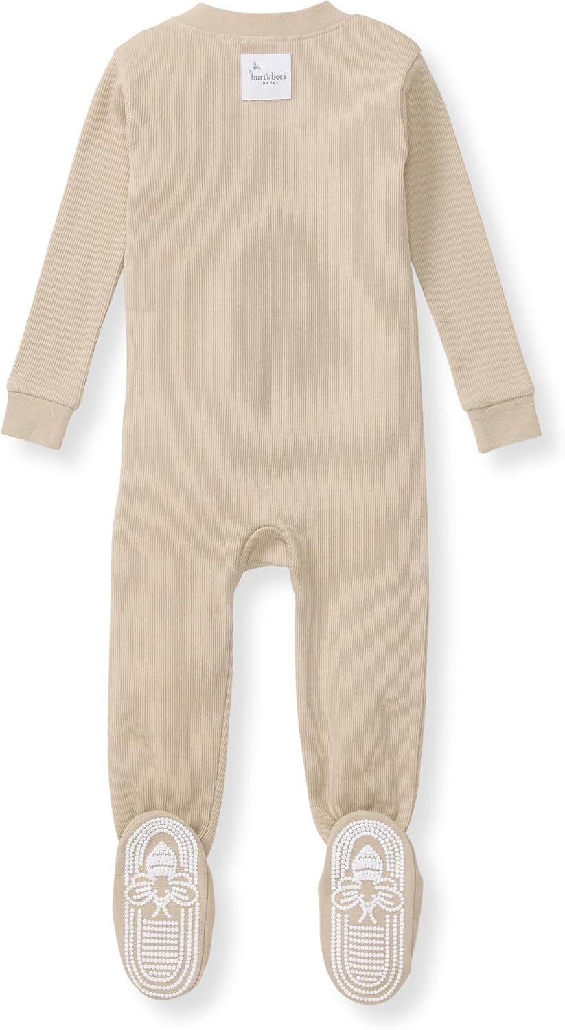 image:imageBurts Bees Baby Boys Organic Cotton Snug Fit Footed Sleeper Pajamas Convenient 2way zip front sleeper pajama is equipped with nonslip bee grips for active littles on the moveNeutral Solid Rib