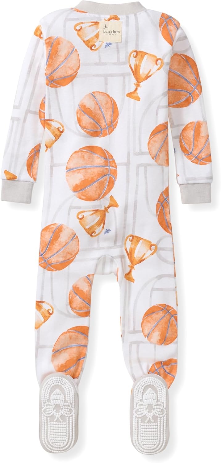 image:imageBurts Bees Baby Boys Organic Cotton Snug Fit Footed Sleeper Pajamas Convenient 2way zip front sleeper pajama is equipped with nonslip bee grips for active littles on the moveBasketball Court 1pack