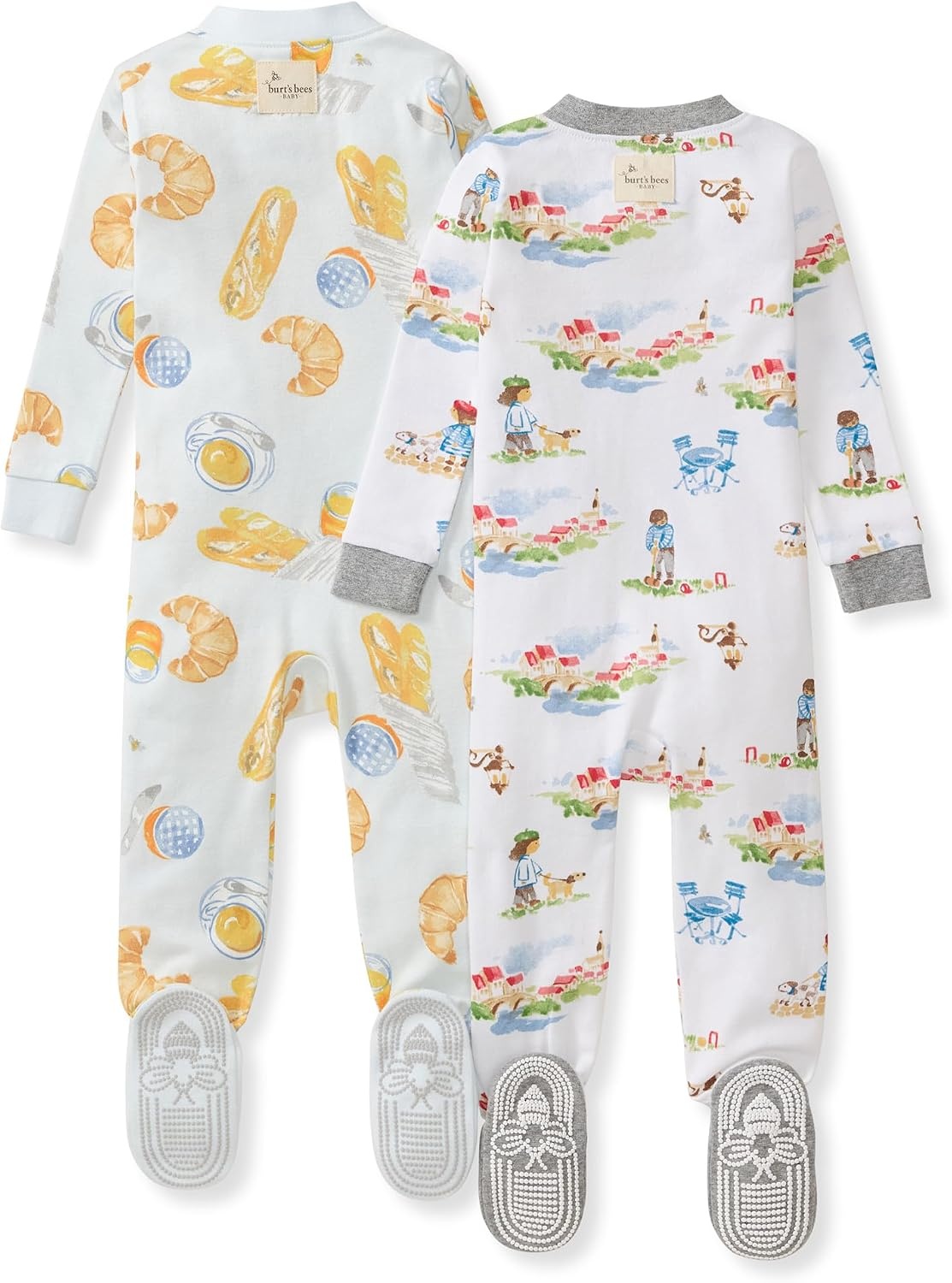 image:imageBurts Bees Baby Boys Organic Cotton Snug Fit Footed Sleeper Pajamas Convenient 2way zip front sleeper pajama is equipped with nonslip bee grips for active littles on the moveFrench Breakfast Village 2pack
