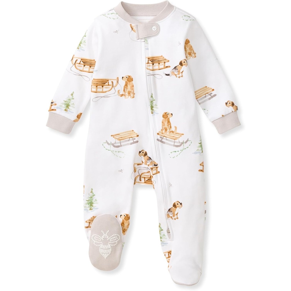 image:imageBurts Bees Baby Boys Organic Cotton Sleep and Play Footed Pajamas  Easy zip front PJs feature a 2way zipper to ensure newborns have a restful nights sleepSnow Pups 1pack