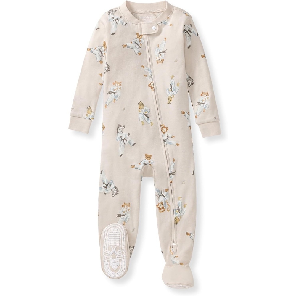 image:imageBurts Bees Baby Boys Organic Cotton Snug Fit Footed Sleeper Pajamas  Convenient 2way zip front sleeper pajama is equipped with nonslip bee grips for active littles on the moveKarate Creatures