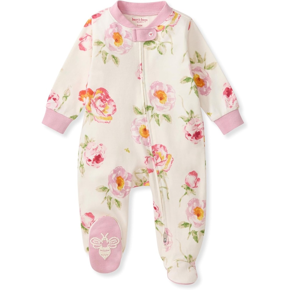 image:imageBurts Bees Baby Girls Organic Cotton Sleep and Play Footed Pajamas Easy zip front PJs feature a 2way zipper to ensure newborns have a restful nights sleepRose Garden 1pack