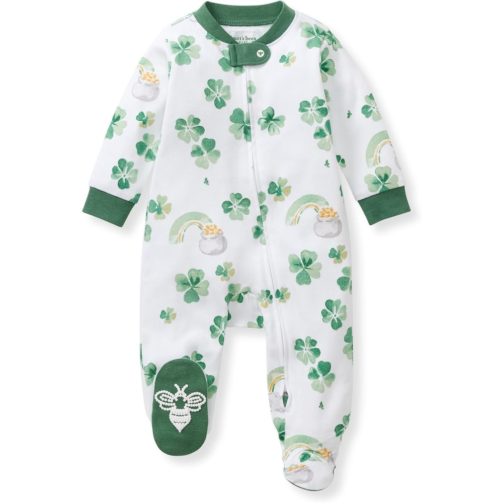 image:imageBurts Bees Baby Girls Organic Cotton Sleep and Play Footed Pajamas Easy zip front PJs feature a 2way zipper to ensure newborns have a restful nights sleepHappy Go Lucky