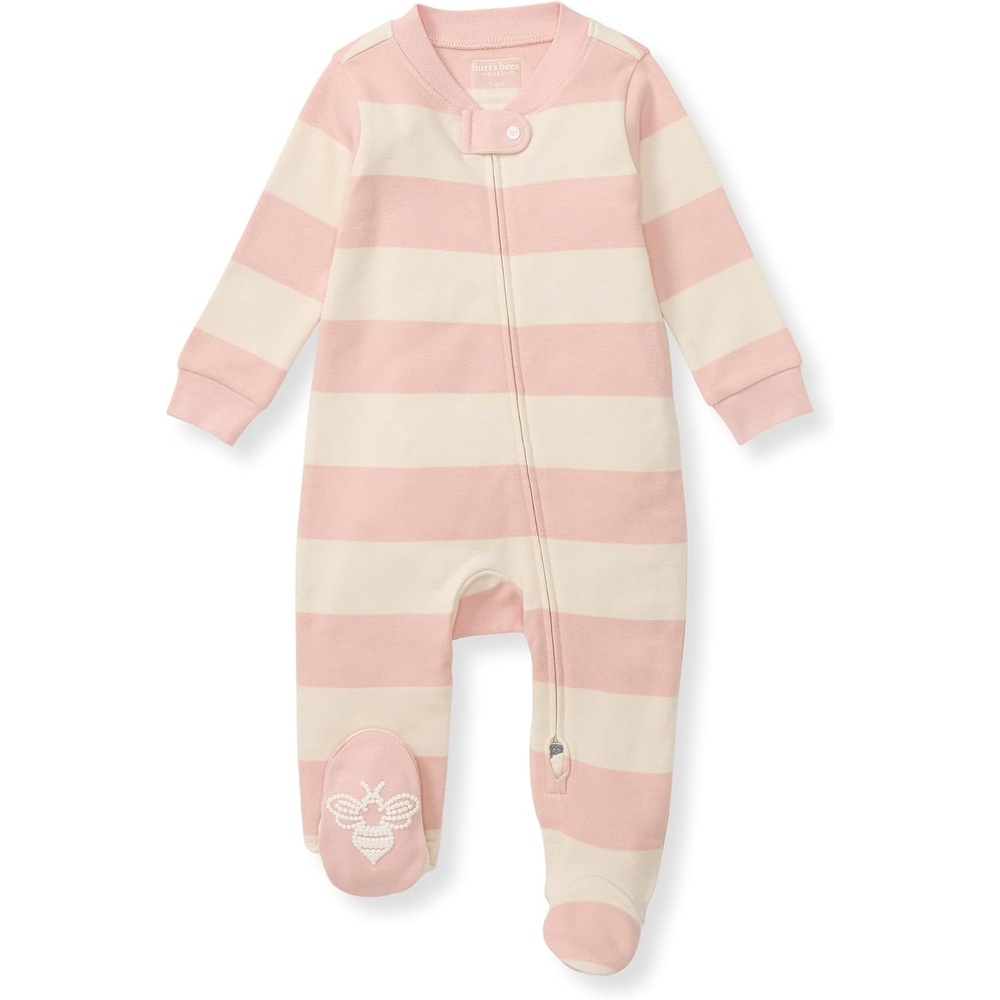 image:imageBurts Bees Baby Girls Organic Cotton Sleep and Play Footed Pajamas Easy zip front PJs feature a 2way zipper to ensure newborns have a restful nights sleepPink Sand Rugby Stripe