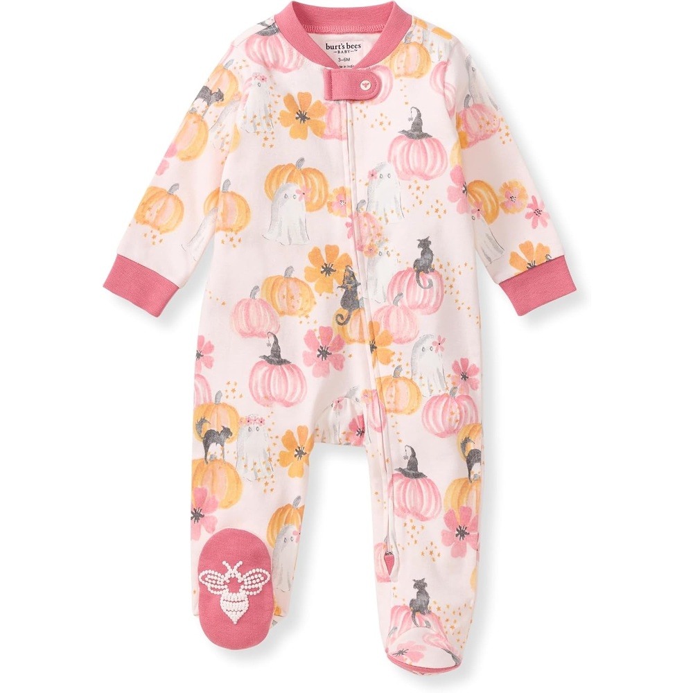 image:imageBurts Bees Baby Girls Organic Cotton Sleep and Play Footed Pajamas Easy zip front PJs feature a 2way zipper to ensure newborns have a restful nights sleepMagical Pumpkins