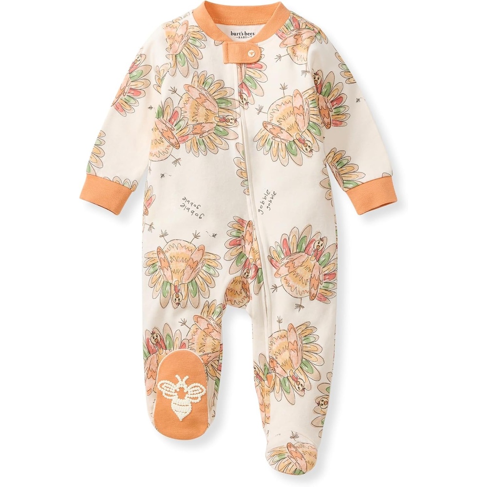 image:imageBurts Bees Baby Girls Organic Cotton Sleep and Play Footed Pajamas  Easy zip front PJs feature a 2way zipper to ensure newborns have a restful nights sleepVivid Turkey