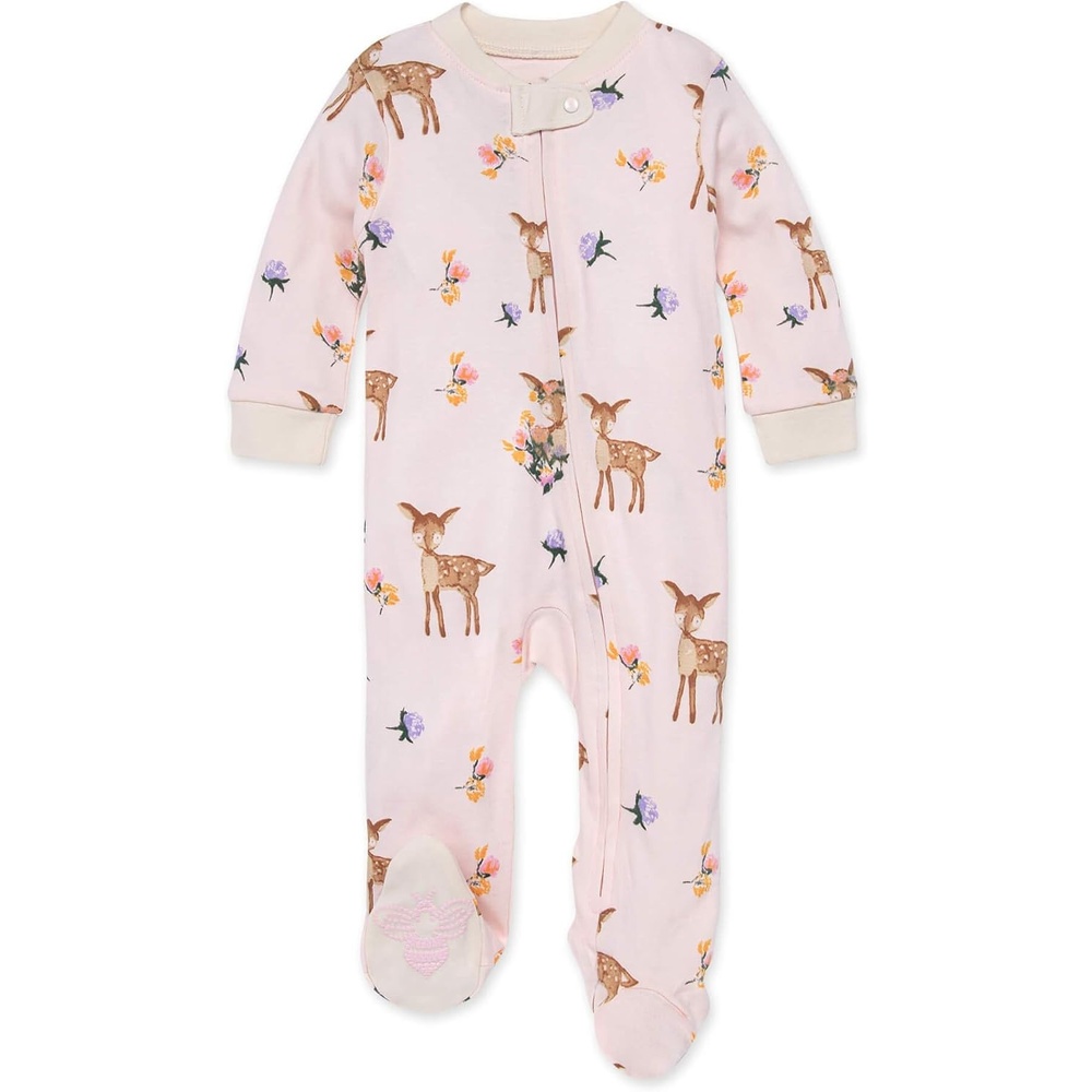 image:imageBurts Bees Baby Girls Organic Cotton Sleep and Play Footed Pajamas  Easy zip front PJs feature a 2way zipper to ensure newborns have a restful nights sleepSweet Doe