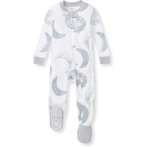 Burt’s Bees Baby Boys Organic Cotton, Snug Fit Footed Sleeper Pajamas | Convenient 2-way zip front sleeper pajama is equipped with non-slip bee grips for active littles on the move(Hello Moon Light Blue)